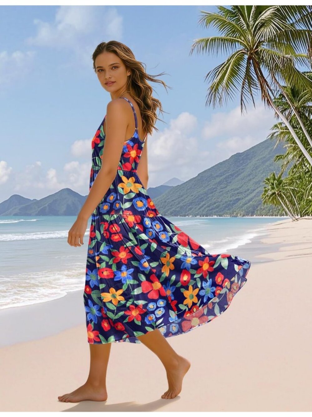 Women's Floral Navy stable Spaghetti Strap Sundress Boho Casual Flow Midi Dress - Picture 2 of 5